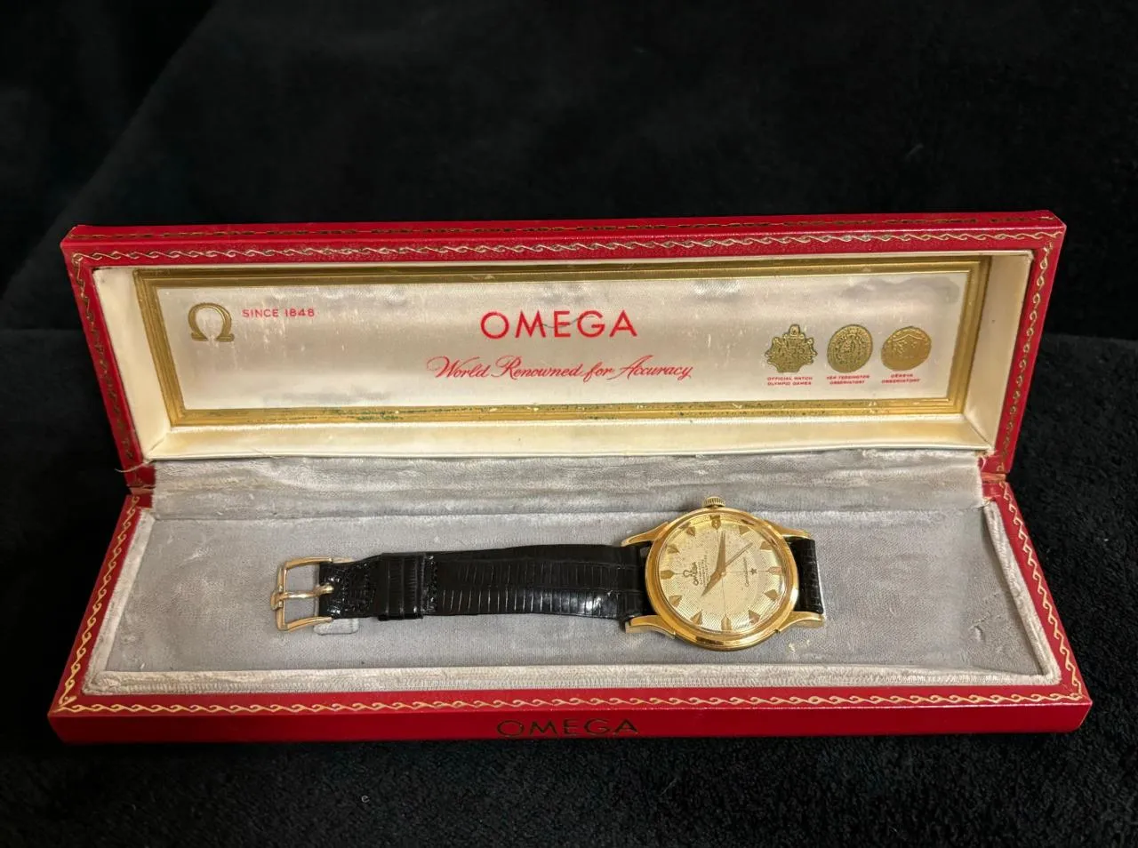 1954 Omega Constellation "De Luxe" Vintage Mens 18K Gold Watch - Box and Band