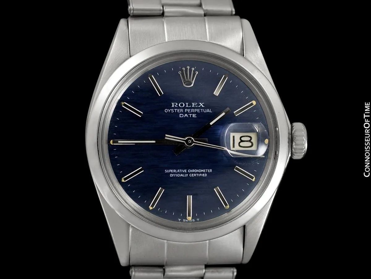 1970 Rolex Date (Datejust) Classic Vintage Mens Watch with Blue Textured Dial - Stainless Steel