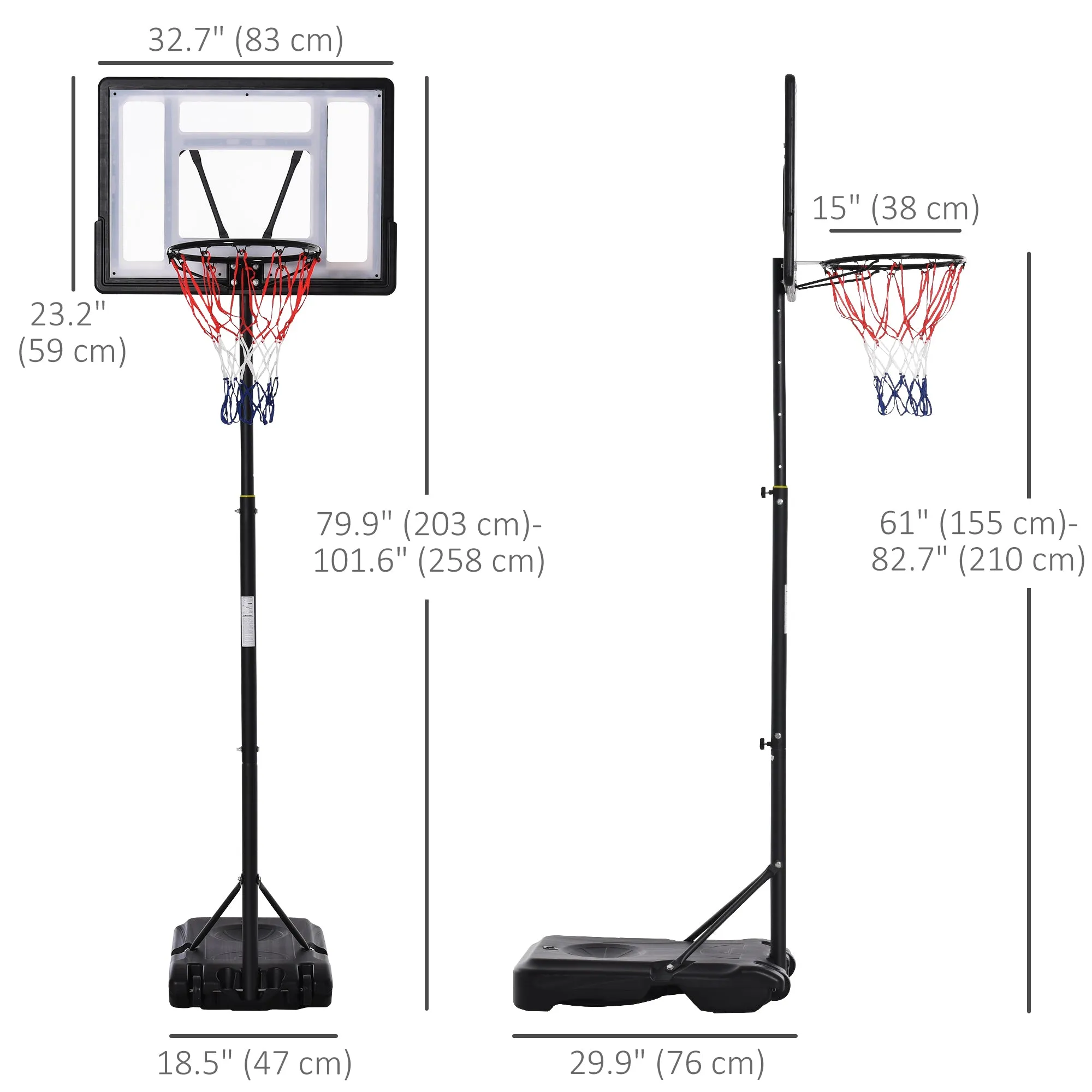 61"- 82.75"H Basketball Stand and Hoop Backboard Adjustable w/ Wheels For Kids Youth Outdoor