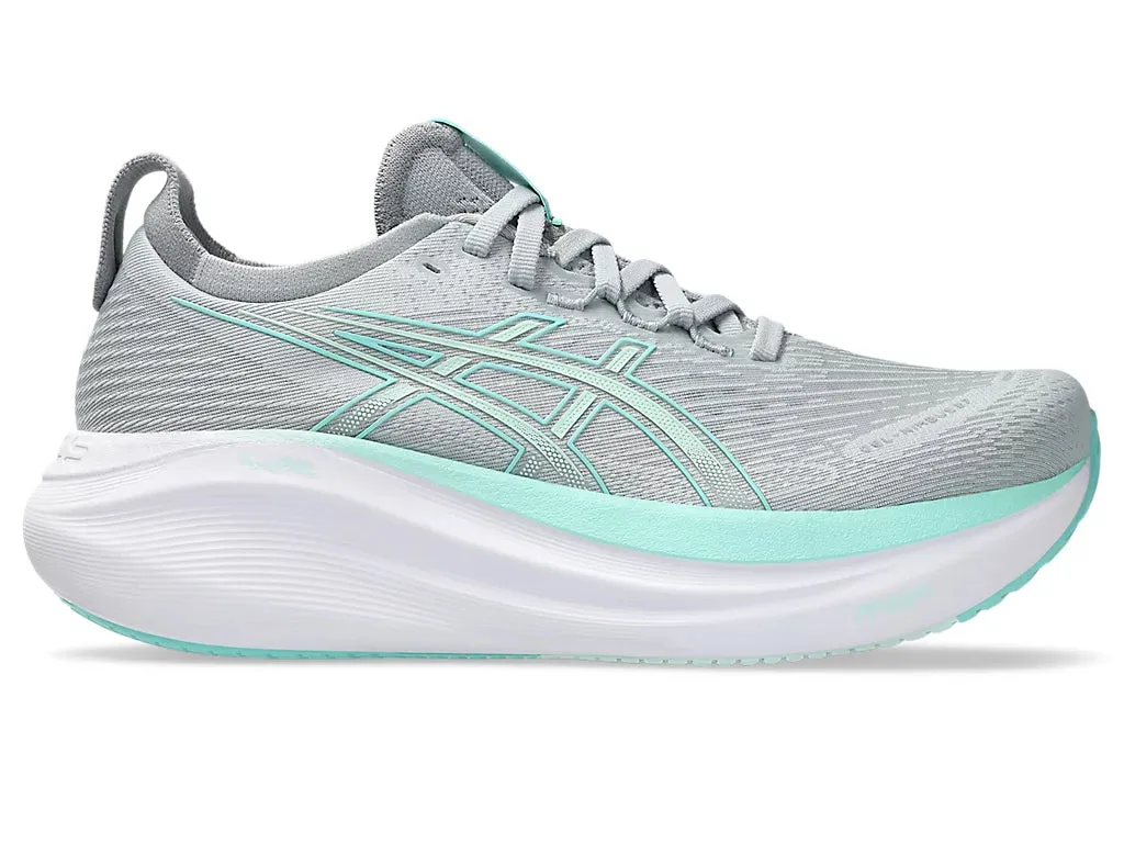 Asics Women's GEL-NIMBUS 27 Wide (D) Running Shoes in Piedmont Grey/Illuminate Mint