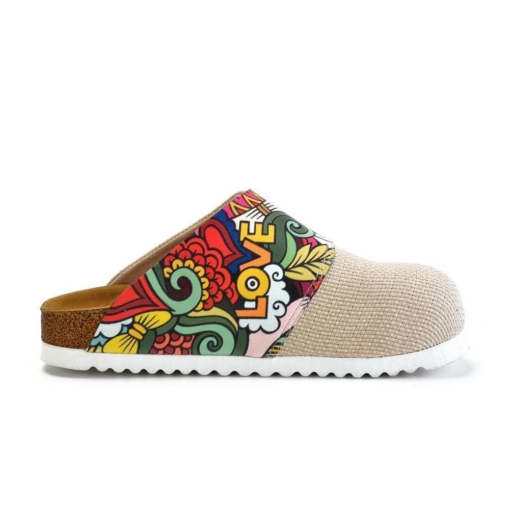 Beige and Colored Mixed Love Written Patterned Clogs - CAL1801