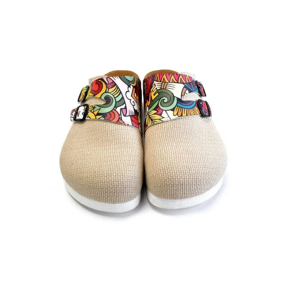 Beige and Colored Mixed Love Written Patterned Clogs - CAL1801