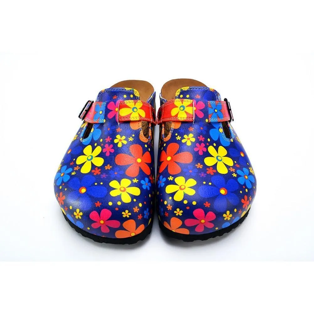 Blue Colored and Colorful Flowers Patterned Clogs - WCAL371