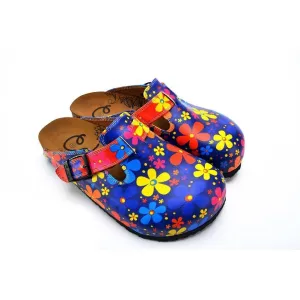 Blue Colored and Colorful Flowers Patterned Clogs - WCAL371