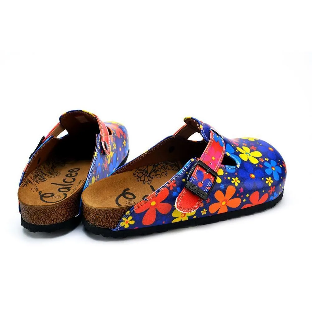 Blue Colored and Colorful Flowers Patterned Clogs - WCAL371