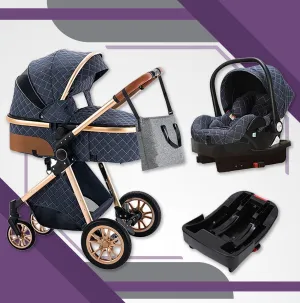 Brilliant Dark Blue Premium 3-in-1 Baby Stroller (Car Seat & Base Included)
