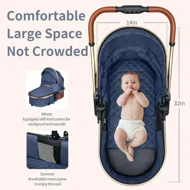 Brilliant Dark Blue Premium 3-in-1 Baby Stroller (Car Seat & Base Included)