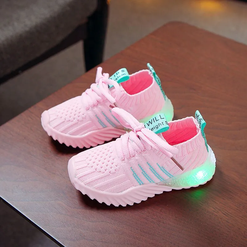 Child Sport Shoes Luminous Fashion Breathable Net Shoes Anti-Slippery Sneakers