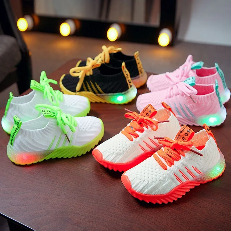 Child Sport Shoes Luminous Fashion Breathable Net Shoes Anti-Slippery Sneakers