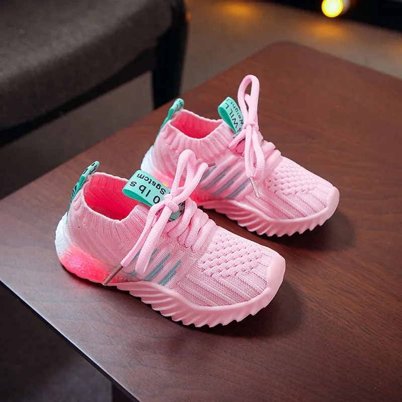 Child Sport Shoes Luminous Fashion Breathable Net Shoes Anti-Slippery Sneakers