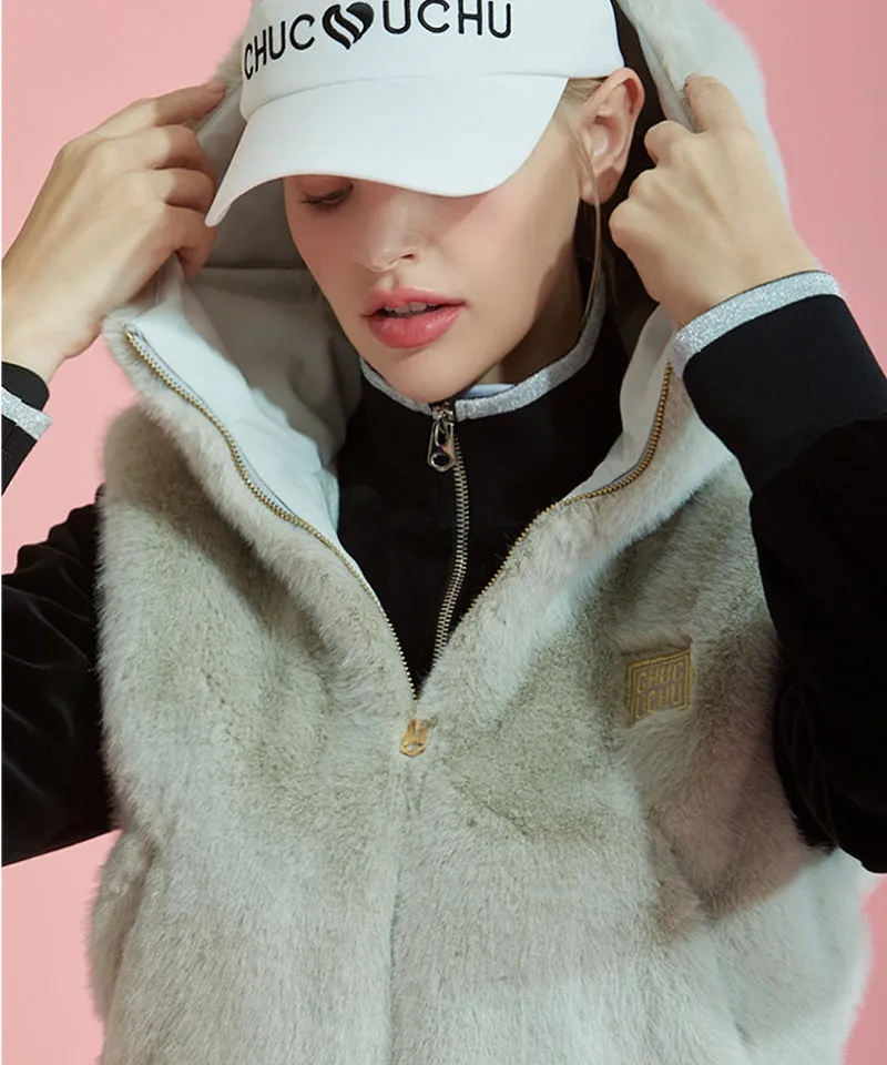 CHUCUCHU Fur Hooded Vest - Light Khaki