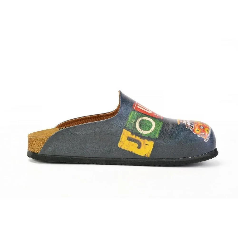 Colored and Flowers Bus, Journey Written Black Patterned Clogs - CAL1403