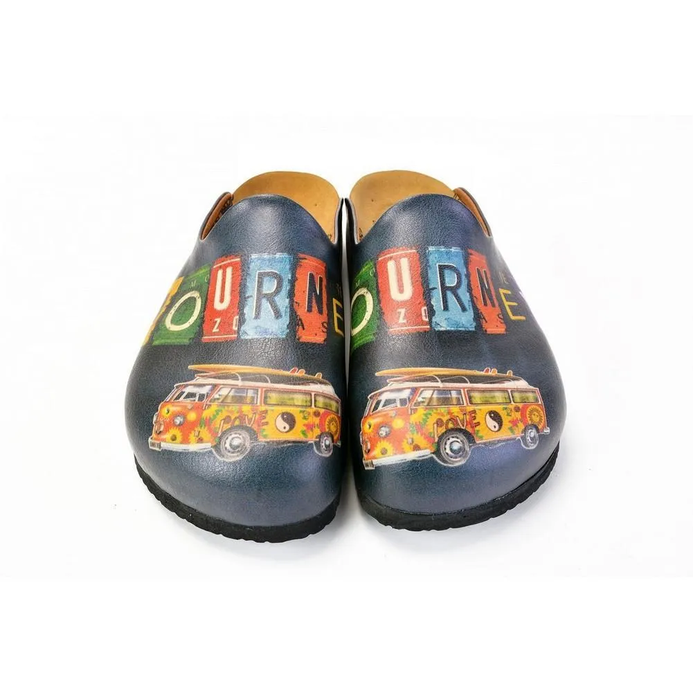 Colored and Flowers Bus, Journey Written Black Patterned Clogs - CAL1403