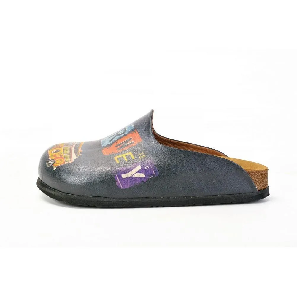 Colored and Flowers Bus, Journey Written Black Patterned Clogs - CAL1403