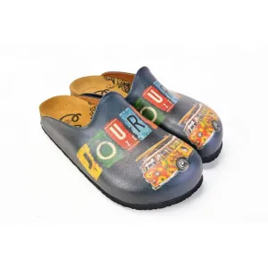 Colored and Flowers Bus, Journey Written Black Patterned Clogs - CAL1403