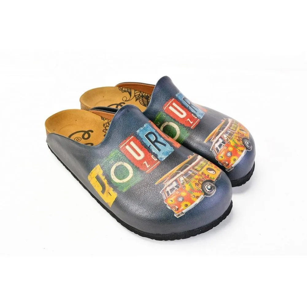 Colored and Flowers Bus, Journey Written Black Patterned Clogs - CAL1403