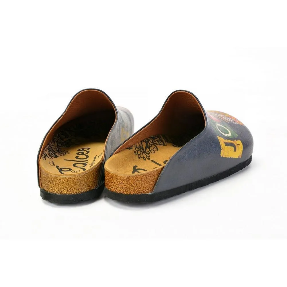 Colored and Flowers Bus, Journey Written Black Patterned Clogs - CAL1403