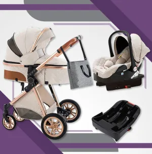 Creamy White Premium 3-in-1 Baby Stroller (Car Seat & Base Included)