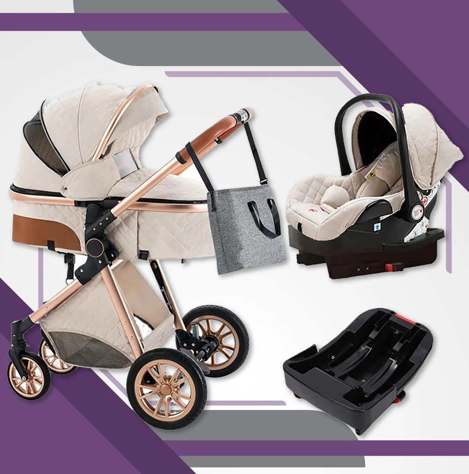 Creamy White Premium 3-in-1 Baby Stroller (Car Seat & Base Included)