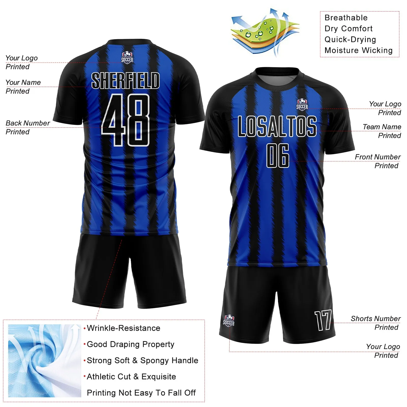 Custom Black Thunder Blue-White Line Sublimation Soccer Uniform Jersey