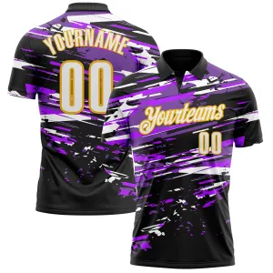 Custom Black White-Gold 3D Bowling Performance Polo Shirt