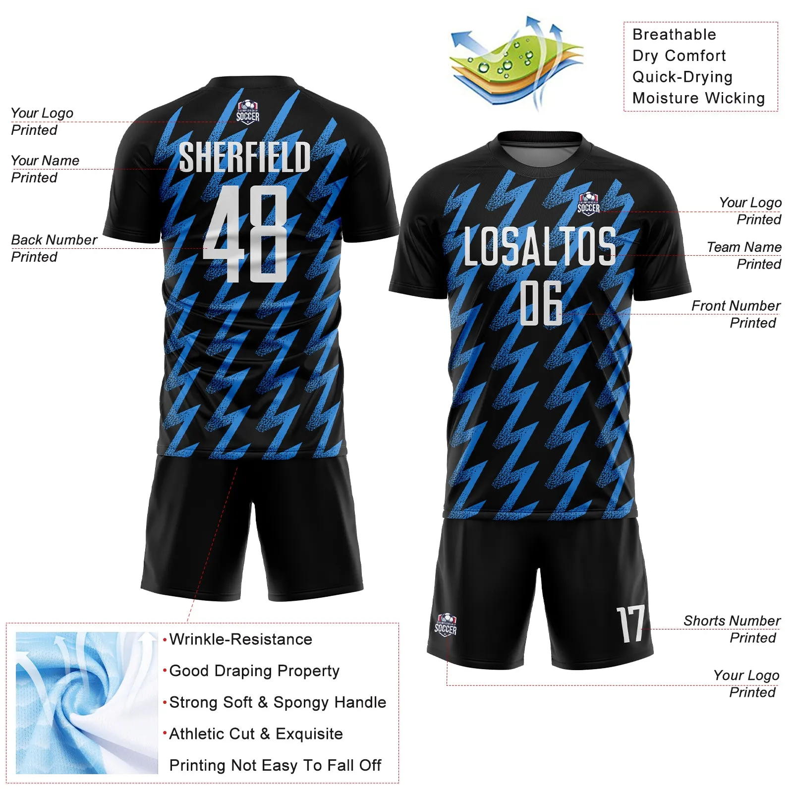 Custom Black White-Powder Blue Zigzag Shape Sublimation Soccer Uniform Jersey