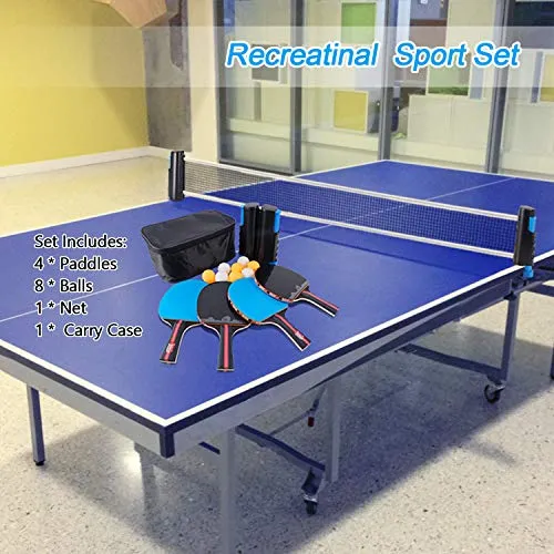 Fostoy Table Tennis Set, 4 Ping Pong Paddles with 8 Table Tennis Balls and Retractable Ping Pong Net, Ideal Indoor and Outdoor Ping Pong Sets, Perfect for Professional and Recreational Games (Blue)
