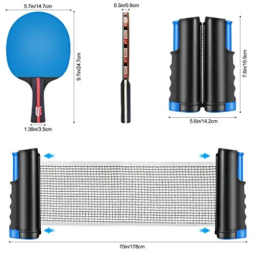 Fostoy Table Tennis Set, 4 Ping Pong Paddles with 8 Table Tennis Balls and Retractable Ping Pong Net, Ideal Indoor and Outdoor Ping Pong Sets, Perfect for Professional and Recreational Games (Blue)