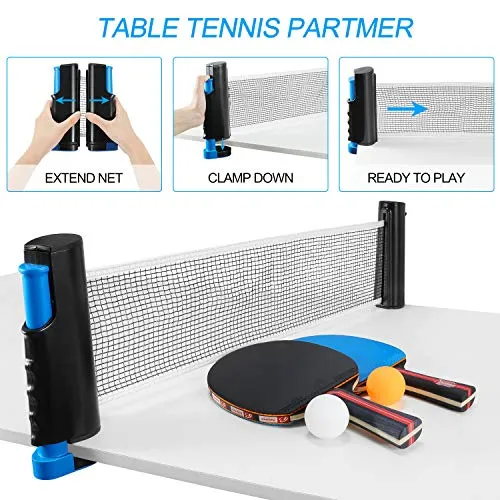 Fostoy Table Tennis Set, 4 Ping Pong Paddles with 8 Table Tennis Balls and Retractable Ping Pong Net, Ideal Indoor and Outdoor Ping Pong Sets, Perfect for Professional and Recreational Games (Blue)