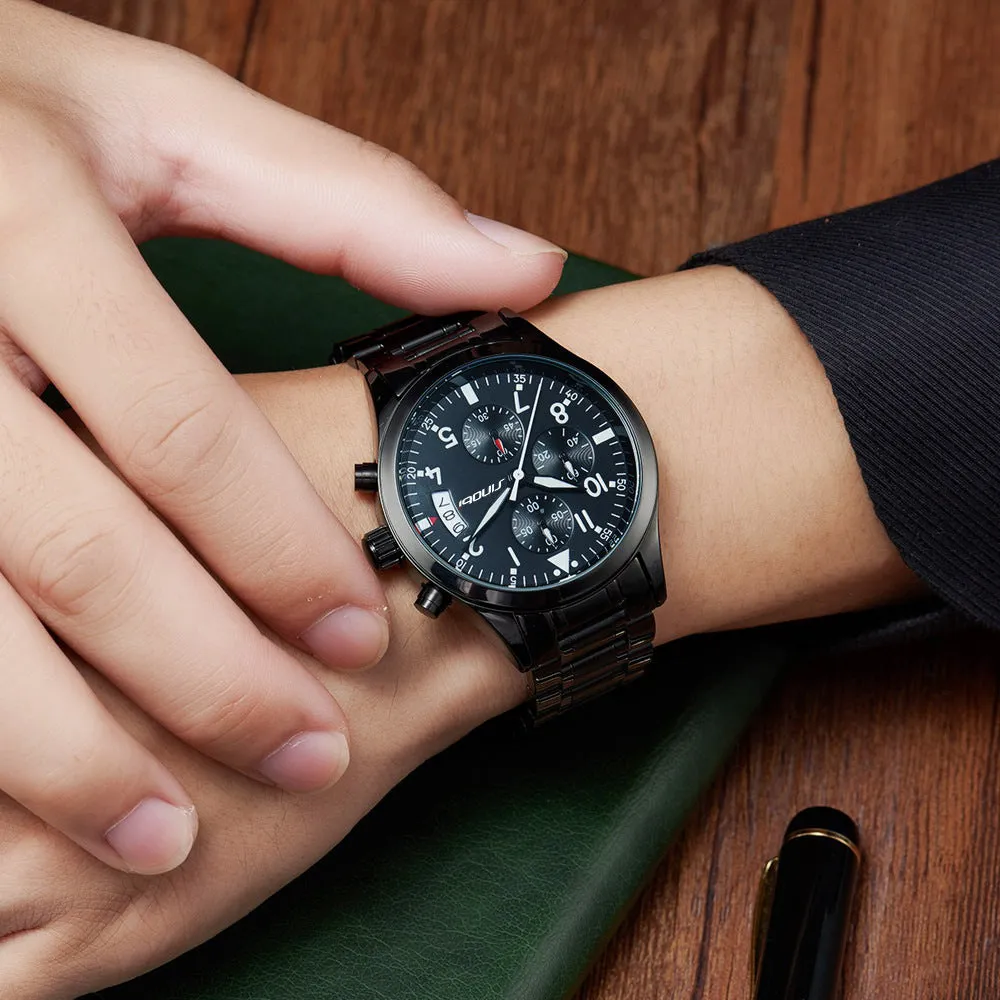 Men's Black Stainless Steel Watch With Date Display