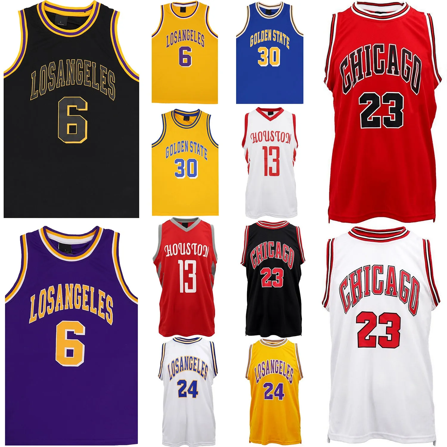 New Men's Basketball Jersey Sports T Shirt Tee Vest Tops Gym Chicago Los Angeles, White - Los Angeles 24, M