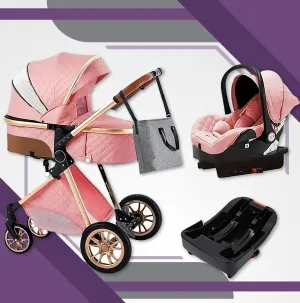Perfect Pink Premium 3-in-1 Baby Stroller (Car Seat & Base Included)