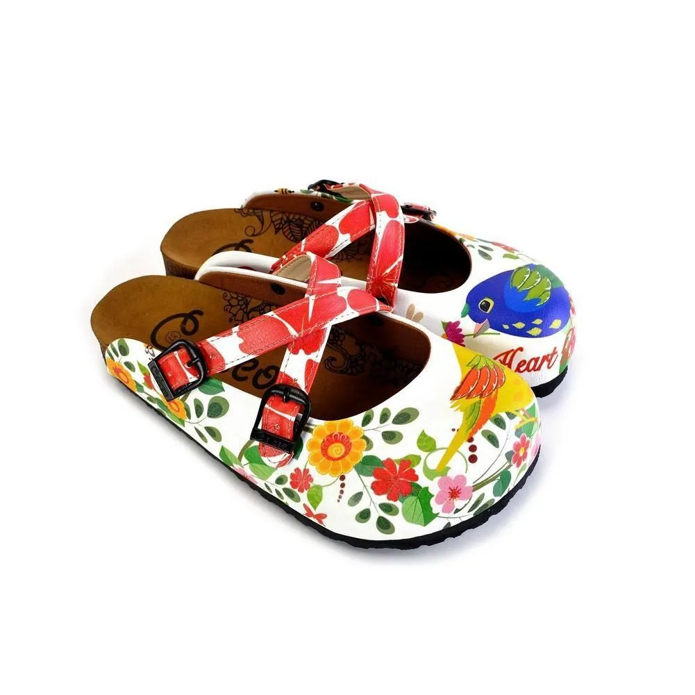 Red Hearted and Colored Flowers and Yellow, Blue Birds Patterned Clogs - WCAL179