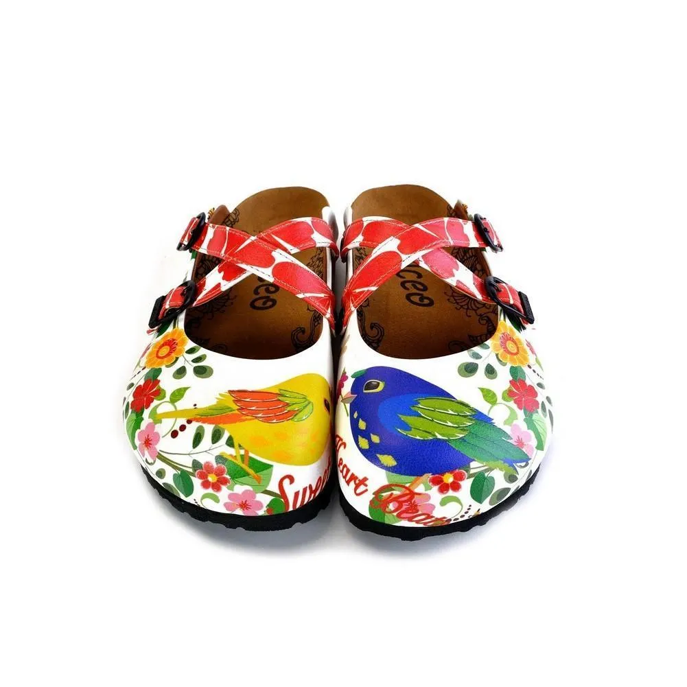 Red Hearted and Colored Flowers and Yellow, Blue Birds Patterned Clogs - WCAL179