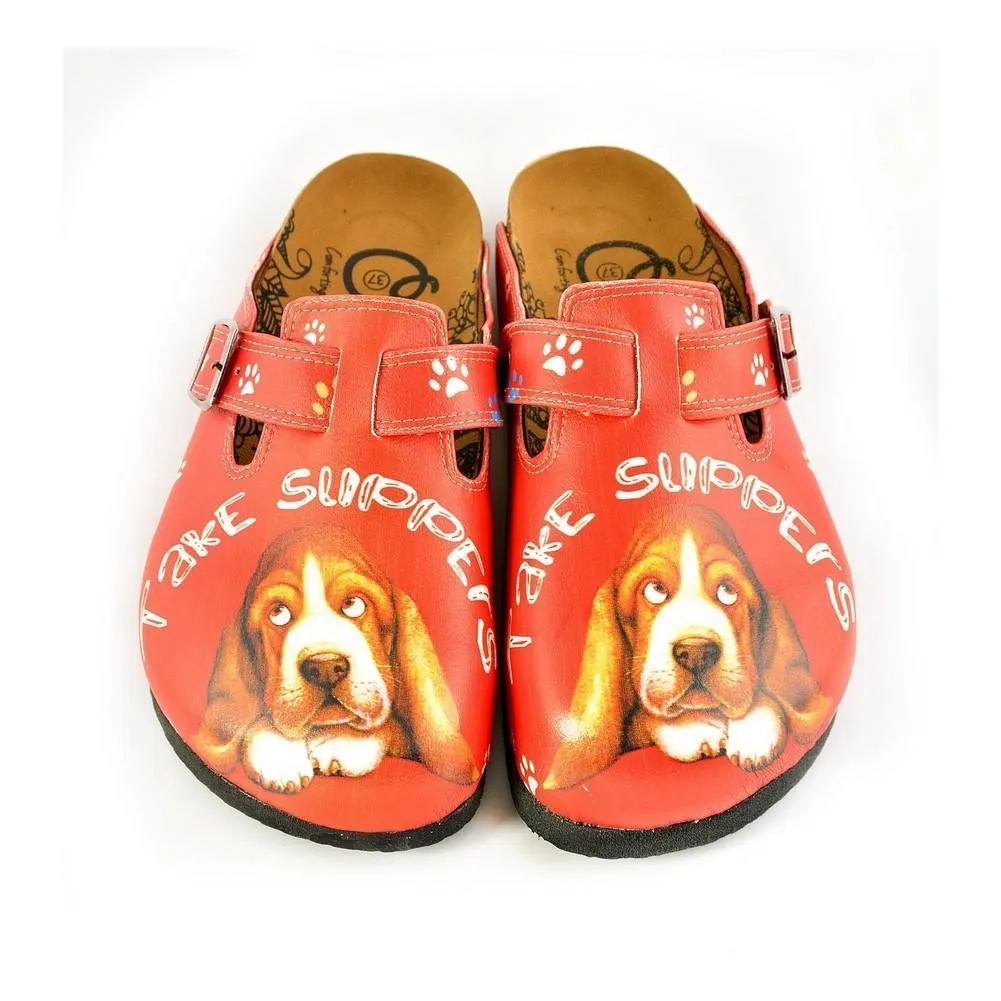 Red, White Colored and White Paw, Brown Cute Dog and Take Suppers Written Patterned Clogs - CAL349