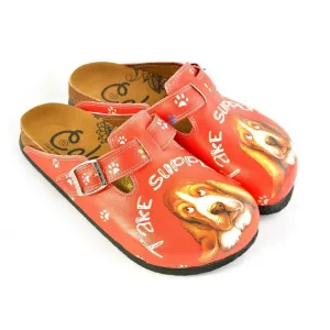 Red, White Colored and White Paw, Brown Cute Dog and Take Suppers Written Patterned Clogs - CAL349