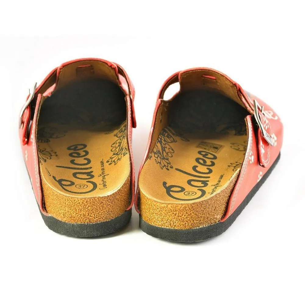 Red, White Colored and White Paw, Brown Cute Dog and Take Suppers Written Patterned Clogs - CAL349