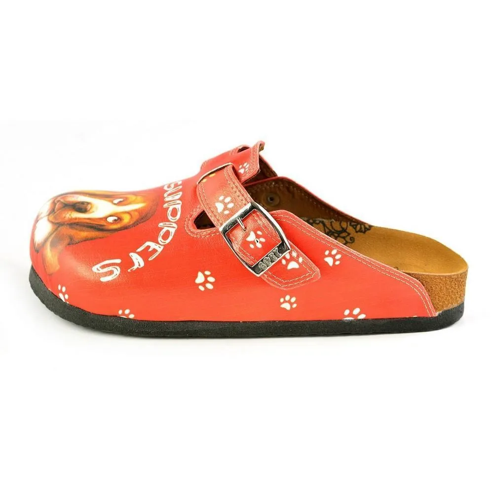Red, White Colored and White Paw, Brown Cute Dog and Take Suppers Written Patterned Clogs - CAL349