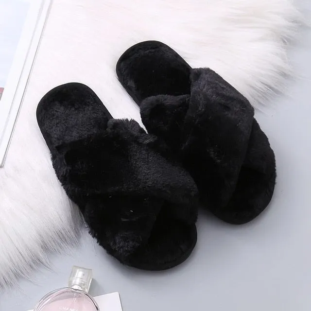 RXFSP Warm Fluffy Slippers Women Cozy Faux Fur Cross