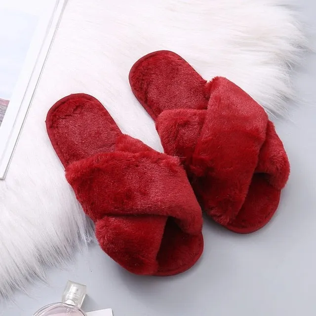 RXFSP Warm Fluffy Slippers Women Cozy Faux Fur Cross