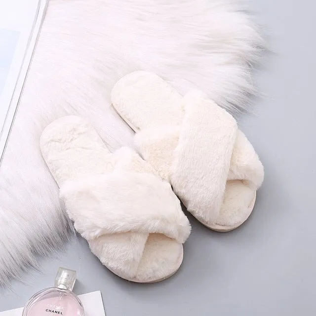 RXFSP Warm Fluffy Slippers Women Cozy Faux Fur Cross