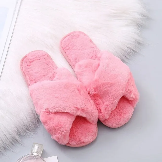 RXFSP Warm Fluffy Slippers Women Cozy Faux Fur Cross