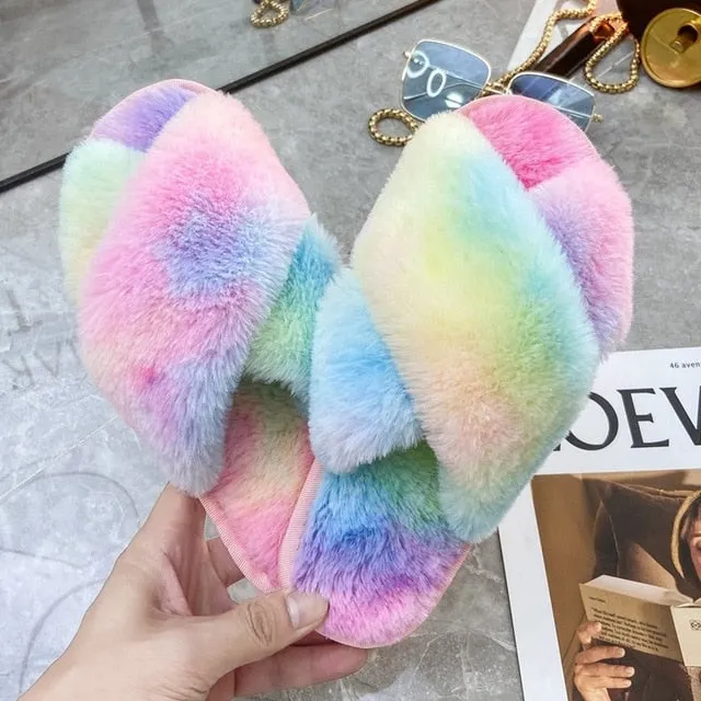 RXFSP Warm Fluffy Slippers Women Cozy Faux Fur Cross