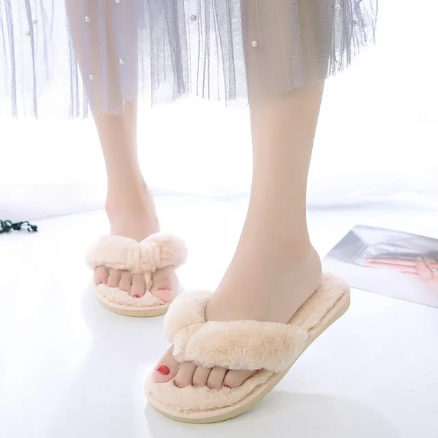RXFSP Warm Fluffy Slippers Women Cozy Faux Fur Cross