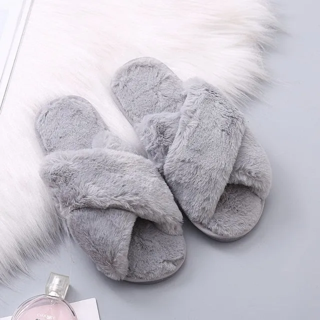 RXFSP Warm Fluffy Slippers Women Cozy Faux Fur Cross