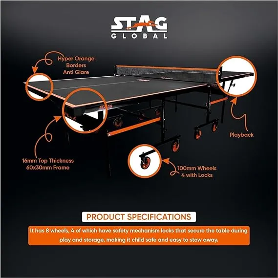 STAG (New Launch) Stag Global Flex Table Tennis Table Black Top | Thickness 16mm With Net Set, Table Cover, 2 Racquets And 6 Balls Features Quick Assembly And Play Back Mode