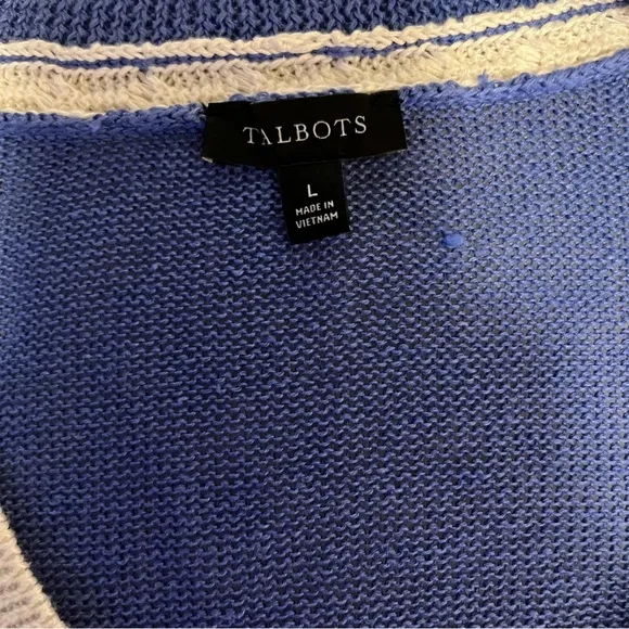 Talbots Linen V Neck Pullover Golf Tennis Blue Sweater Sz L