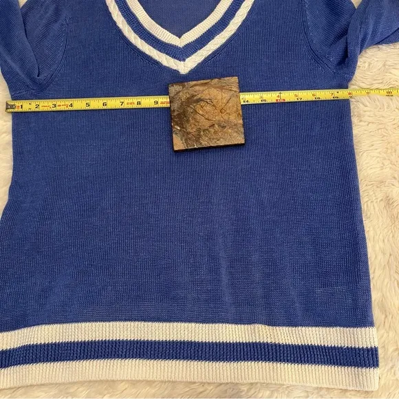 Talbots Linen V Neck Pullover Golf Tennis Blue Sweater Sz L