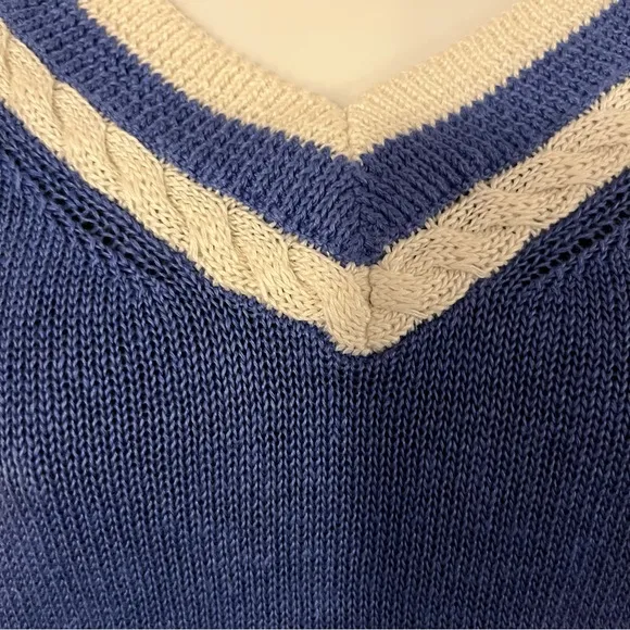 Talbots Linen V Neck Pullover Golf Tennis Blue Sweater Sz L