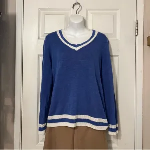 Talbots Linen V Neck Pullover Golf Tennis Blue Sweater Sz L